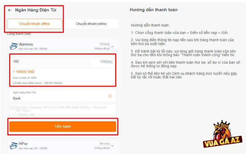 Chọn hình thức chuyển khoản offline và điền số tiền cần nạp Chọn hình thức chuyển khoản offline và điền số tiền cần nạp