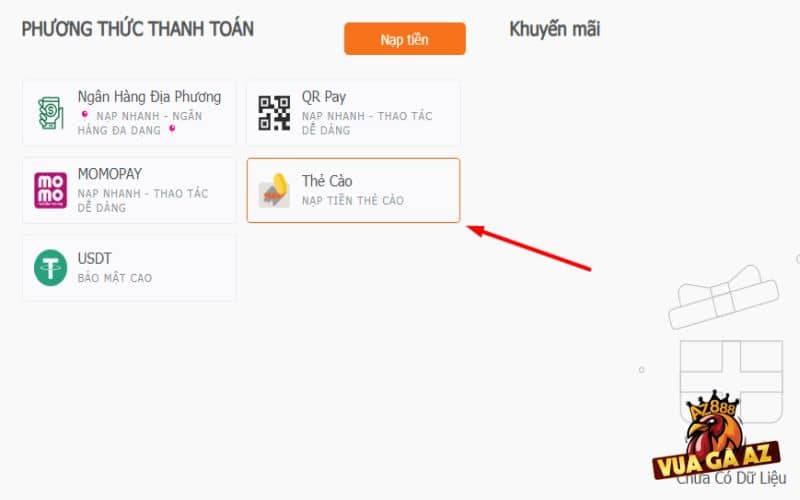 Chọn phương thức nạp tiền bằng thẻ cào Chọn phương thức nạp tiền bằng thẻ cào